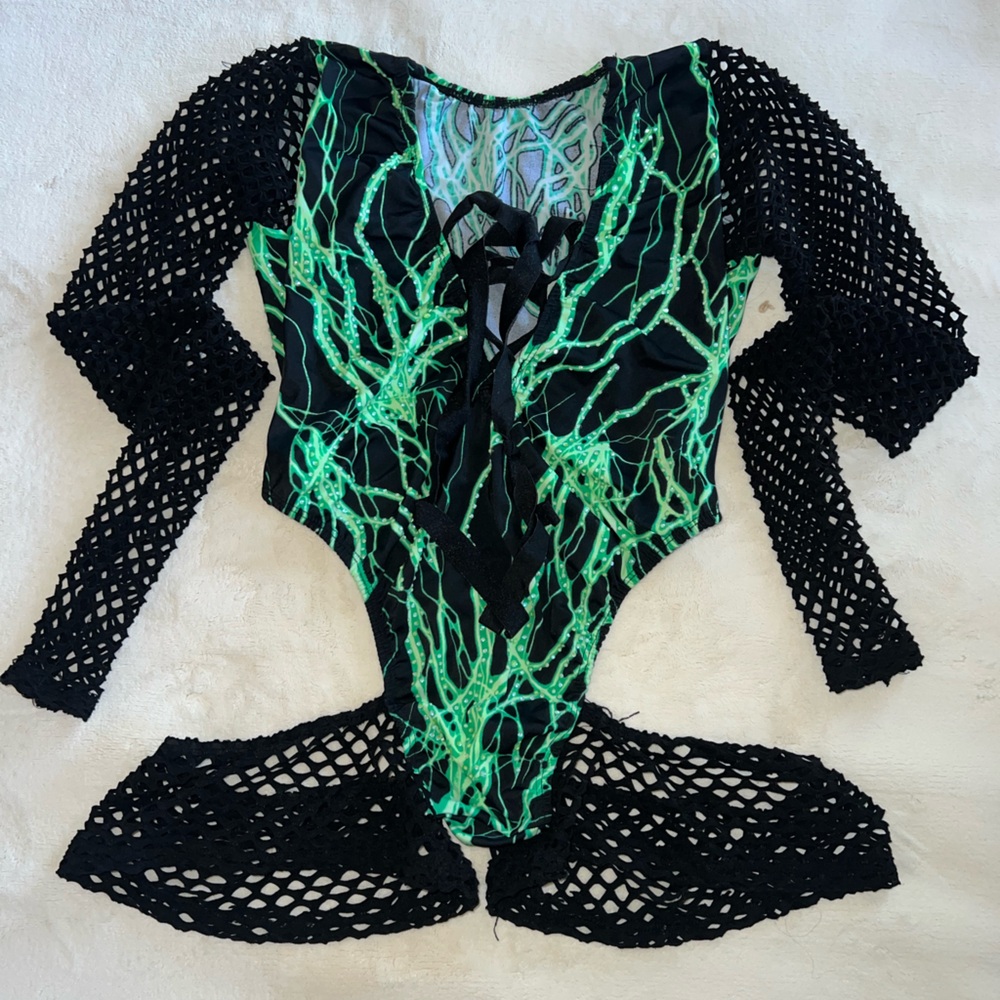 Black and Green Fishnet Bodysuit